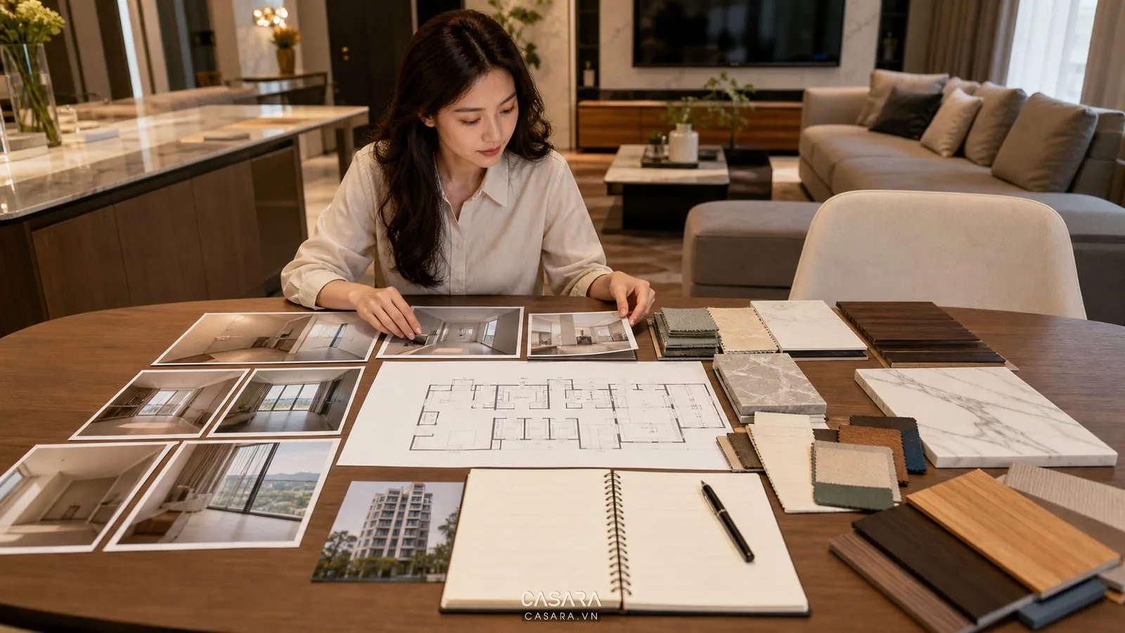 Chuẩn bị tư vấn thi công nội thất chung cư TP HCM với ảnh hiện trạng mặt bằng và mẫu vật liệu
