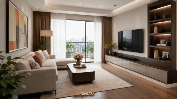 Thi công nội thất chung cư TPHCM với phòng khách có sofa, kệ tivi, bàn trà và ban công sáng