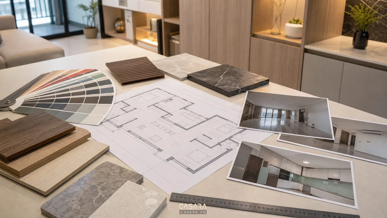 Tư vấn thi công nội thất chung cư TPHCM với bản vẽ mặt bằng, mẫu gỗ, mẫu đá và ảnh hiện trạng căn hộ
