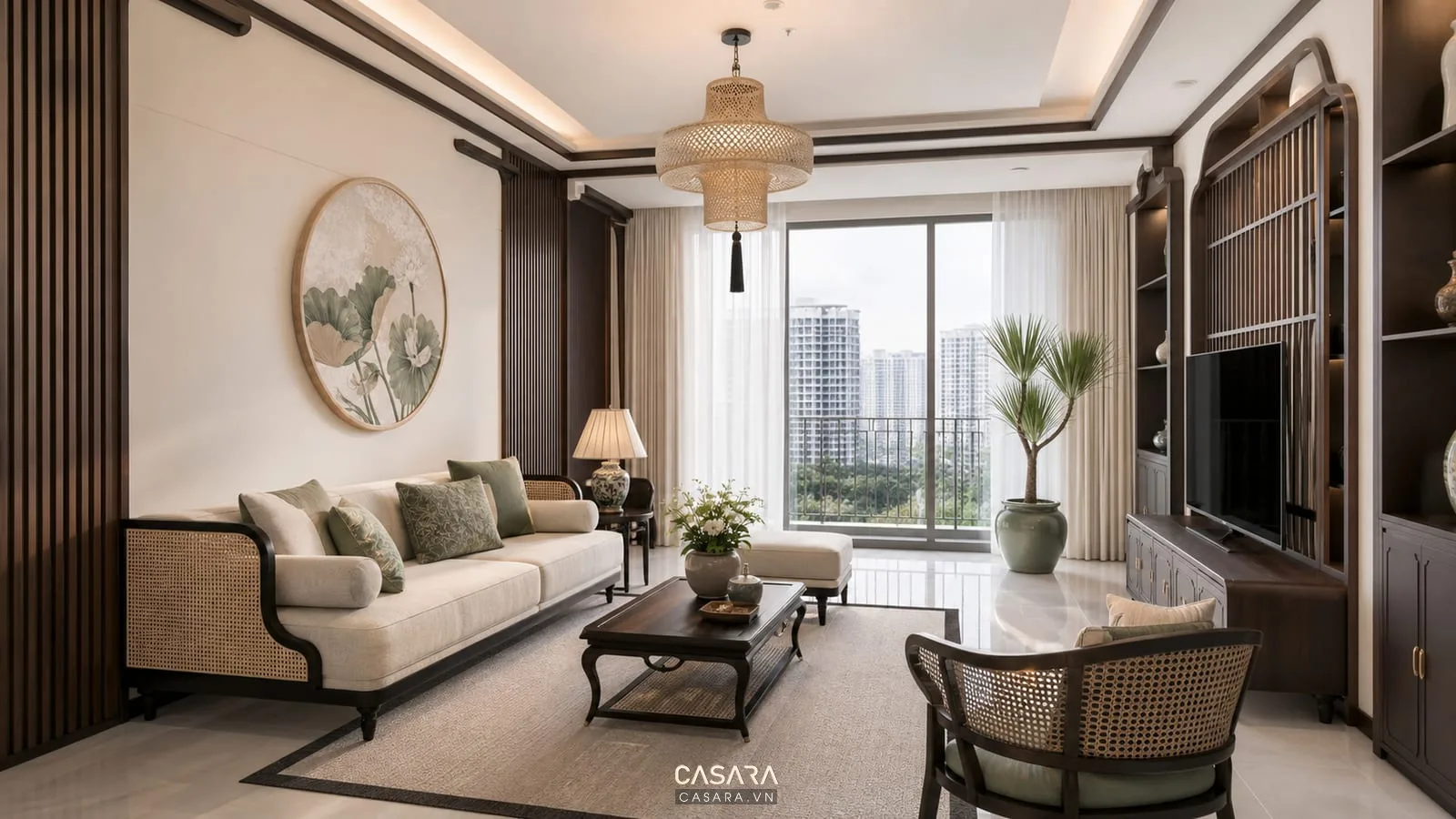 Thi công nội thất chung cư Indochine với phòng khách có sofa sáng màu, bàn trà gỗ, ghế mây và nan gỗ
