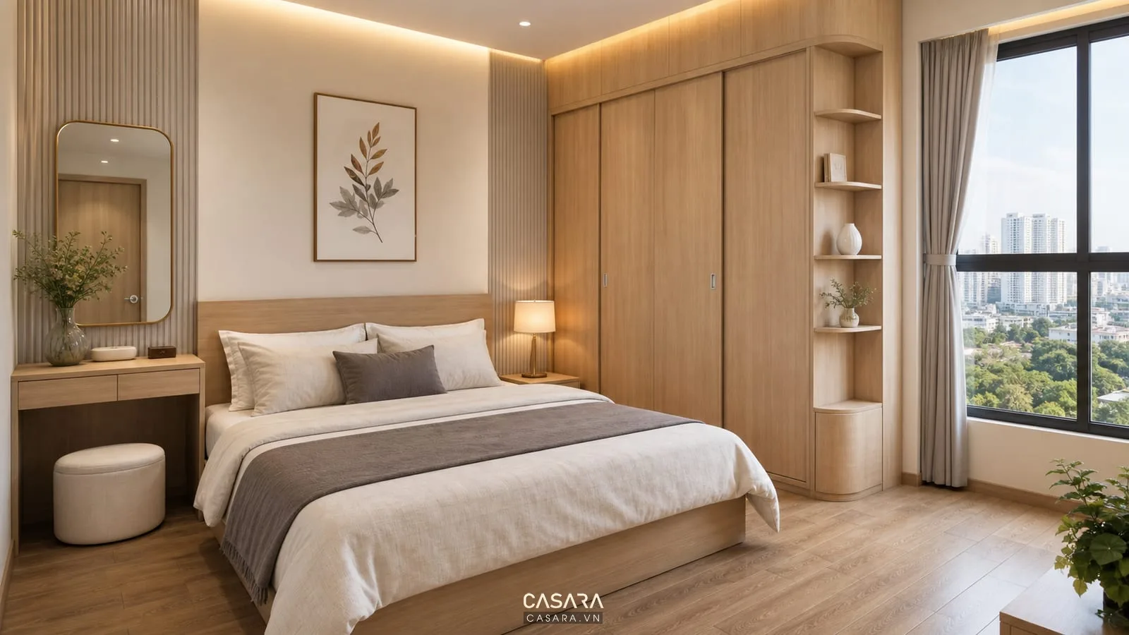 Phối cảnh phòng ngủ trong thi công nội thất chung cư TPHCM có giường đôi, tủ áo kịch trần và bàn trang điểm