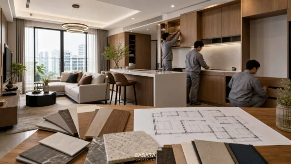 Đội thi công lắp đặt nội thất trong căn hộ có phòng khách bếp mở