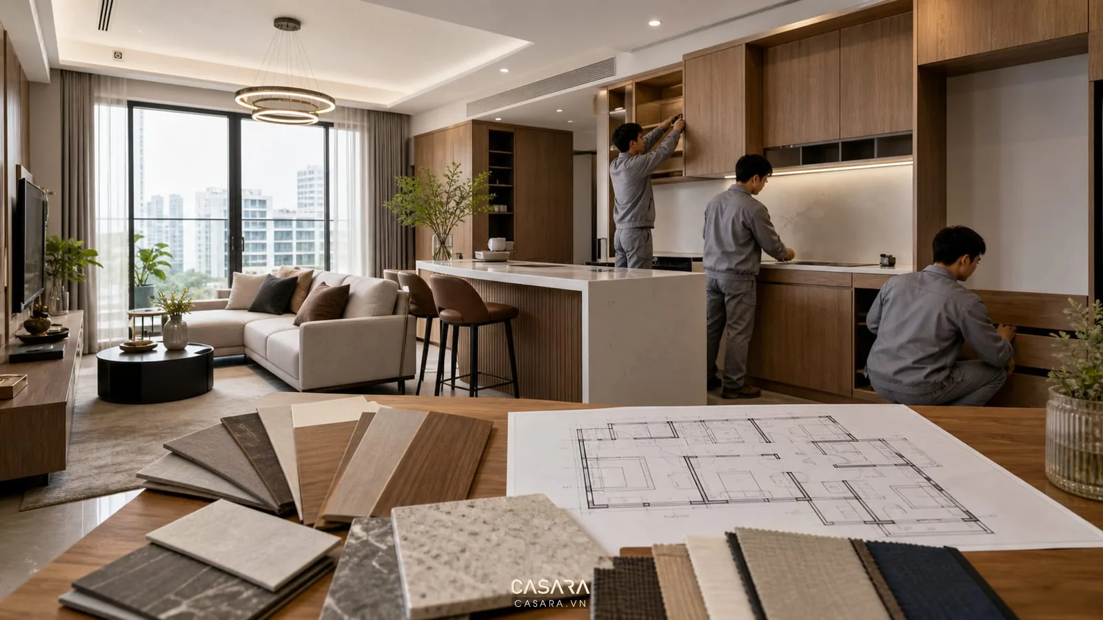 Thi công nội thất chung cư trọn gói với phòng khách bếp mở, đội thi công, bản vẽ và mẫu vật liệu
