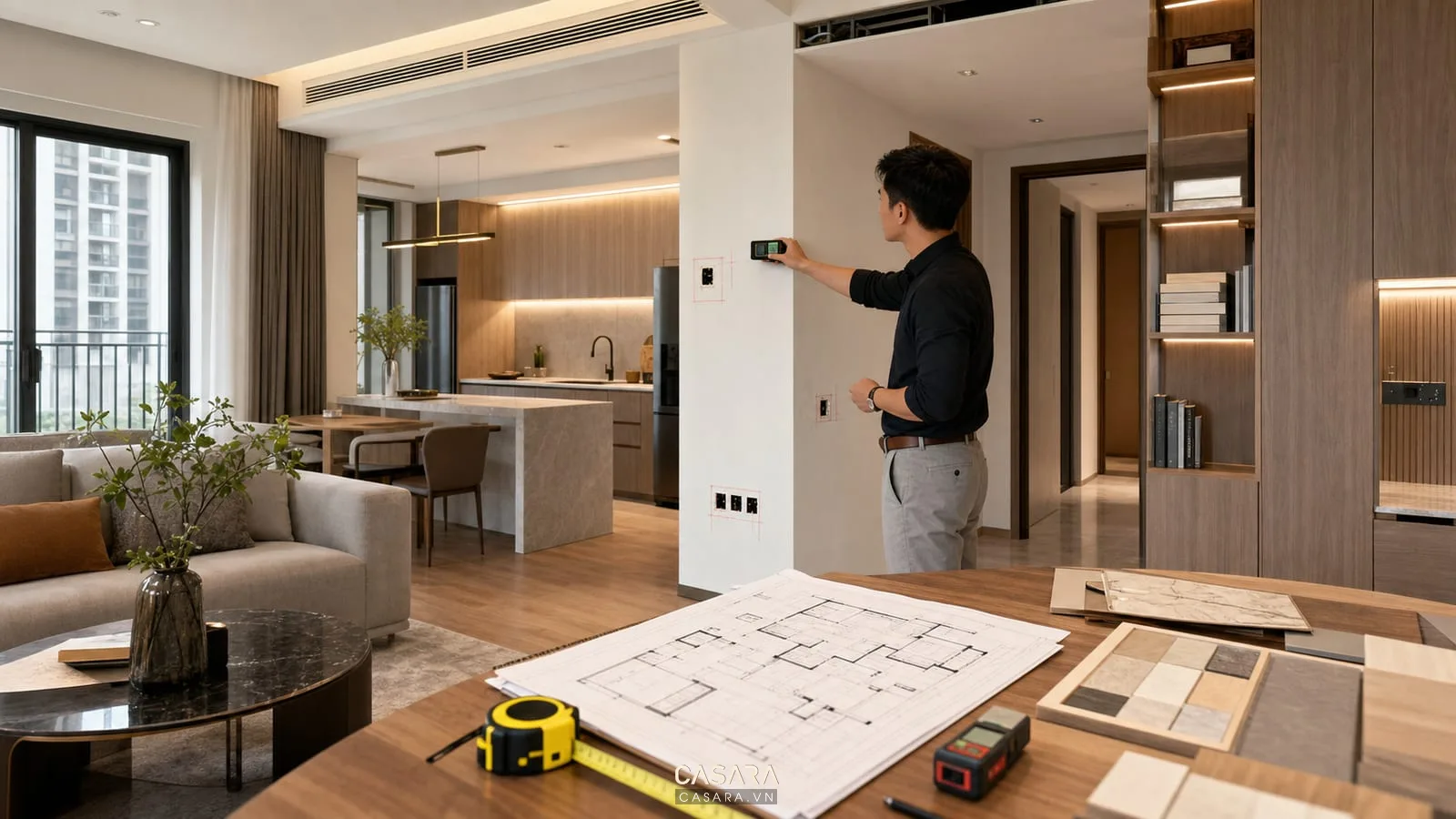 Khảo sát mặt bằng thi công nội thất chung cư với thước laser, bản vẽ và phòng khách bếp căn hộ