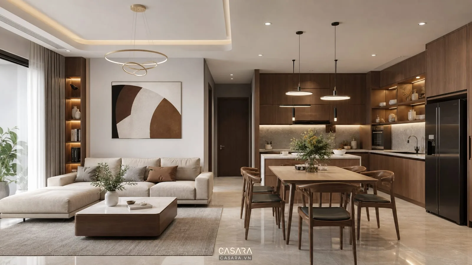 Thi công nội thất chung cư phòng khách bếp mở với sofa, bàn ăn, tủ bếp gỗ và mặt đá