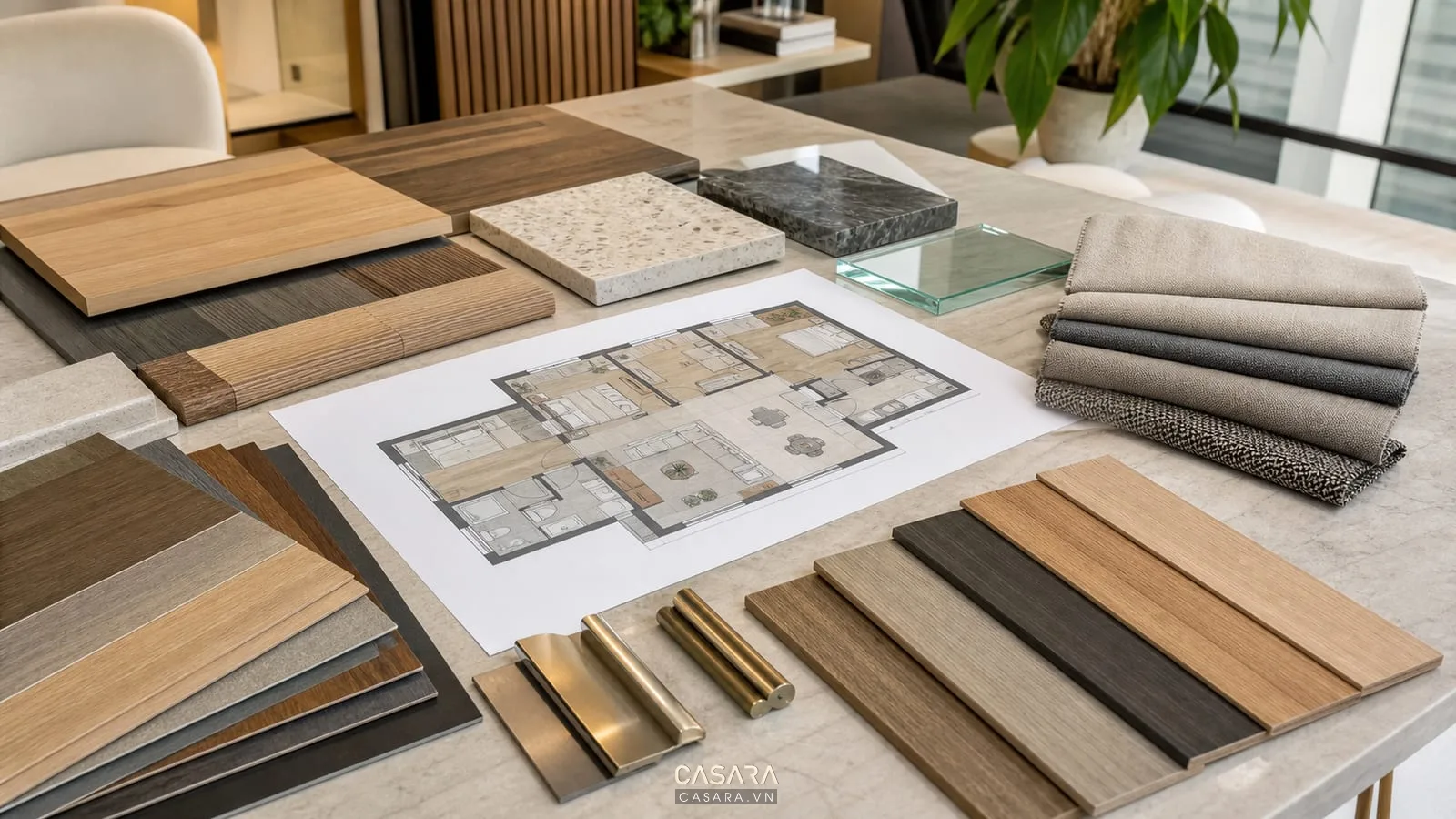 Mẫu vật liệu thi công nội thất chung cư gồm gỗ, đá, kính, vải, kim loại và bản vẽ căn hộ