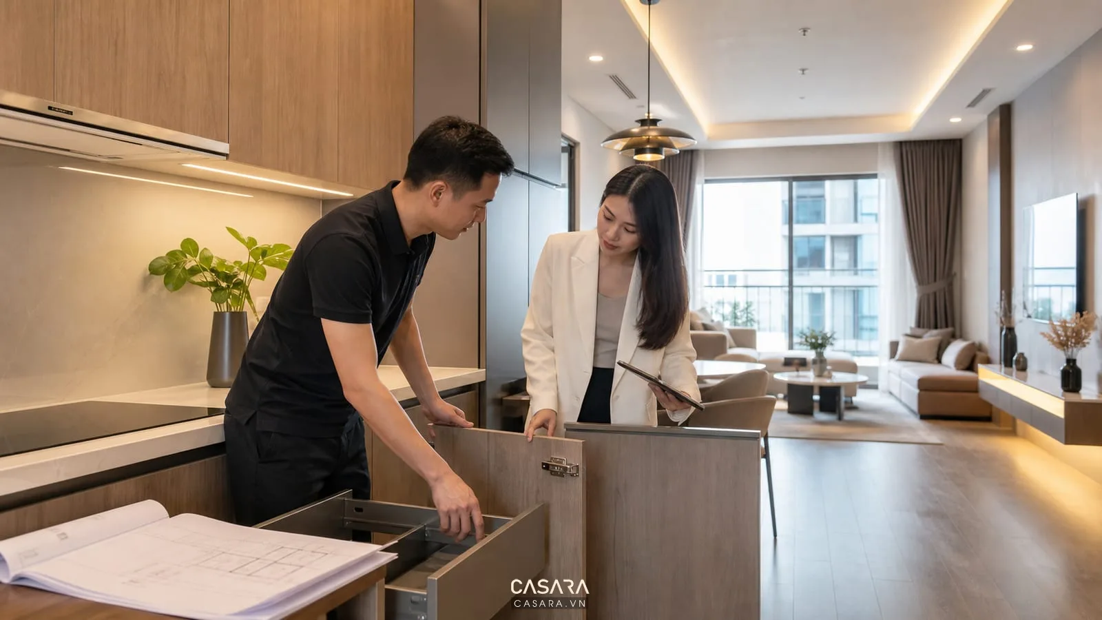 Nghiệm thu thi công nội thất chung cư trọn gói với gia chủ, kiến trúc sư, tủ bếp và bản vẽ kỹ thuật