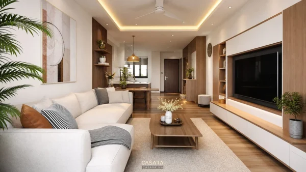 Thi công nội thất đẹp phòng khách căn hộ hiện đại với sofa sáng màu, kệ tivi âm tường, sàn gỗ và ánh sáng ấm.