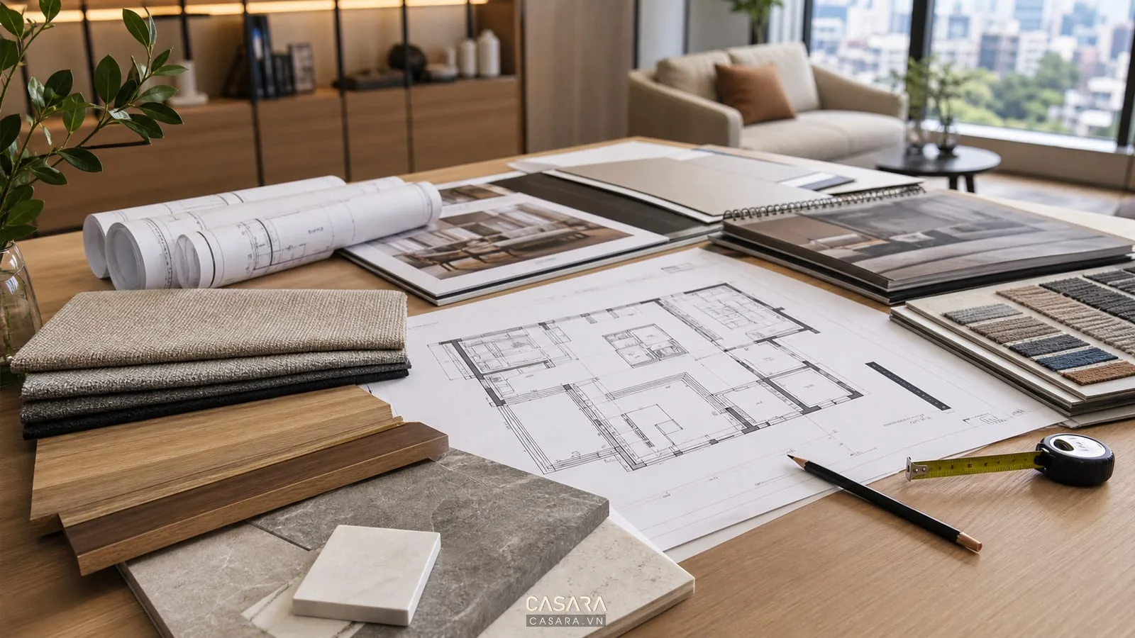 Hồ sơ thi công nội thất với bản vẽ mặt bằng, mẫu gỗ, đá, vải sofa và thước đo kỹ thuật