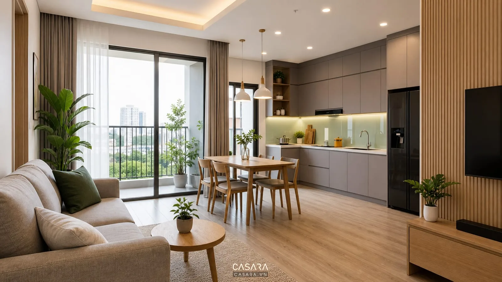 Phòng khách bếp căn hộ Hồ Chí Minh sau thi công nội thất với sofa, bàn ăn và tủ bếp chữ L