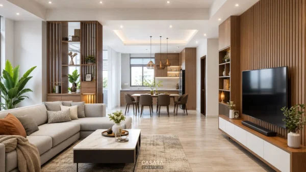 Thi công nội thất nhà ở hoàn thiện với phòng khách liền bếp, sofa, bàn ăn, tủ tivi, vách gỗ và ánh sáng tự nhiên.