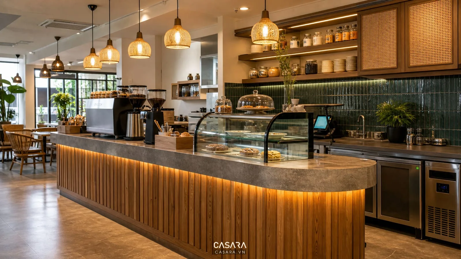 Quầy pha chế quán coffee với máy pha cà phê, tủ bánh và đèn treo
