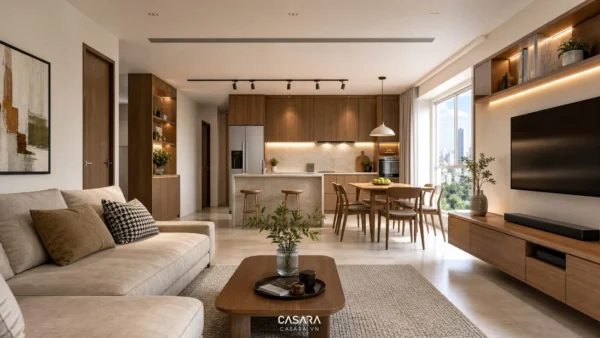 Thi công nội thất Sài Gòn cho căn hộ phòng khách liền bếp với tủ gỗ và sofa hiện đại