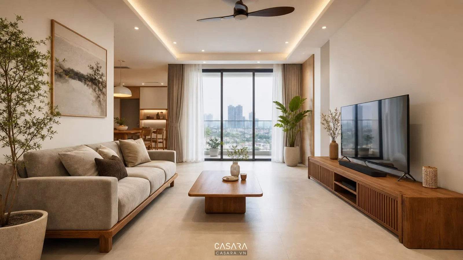 Thi công nội thất phòng khách Sài Gòn có sofa tủ tivi gỗ và lối đi thoáng