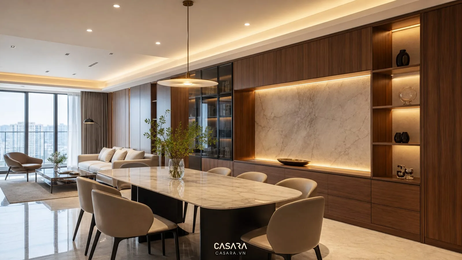 Thi công nội thất sang trọng Sài Gòn với tủ gỗ đèn led bàn ăn và mặt đá