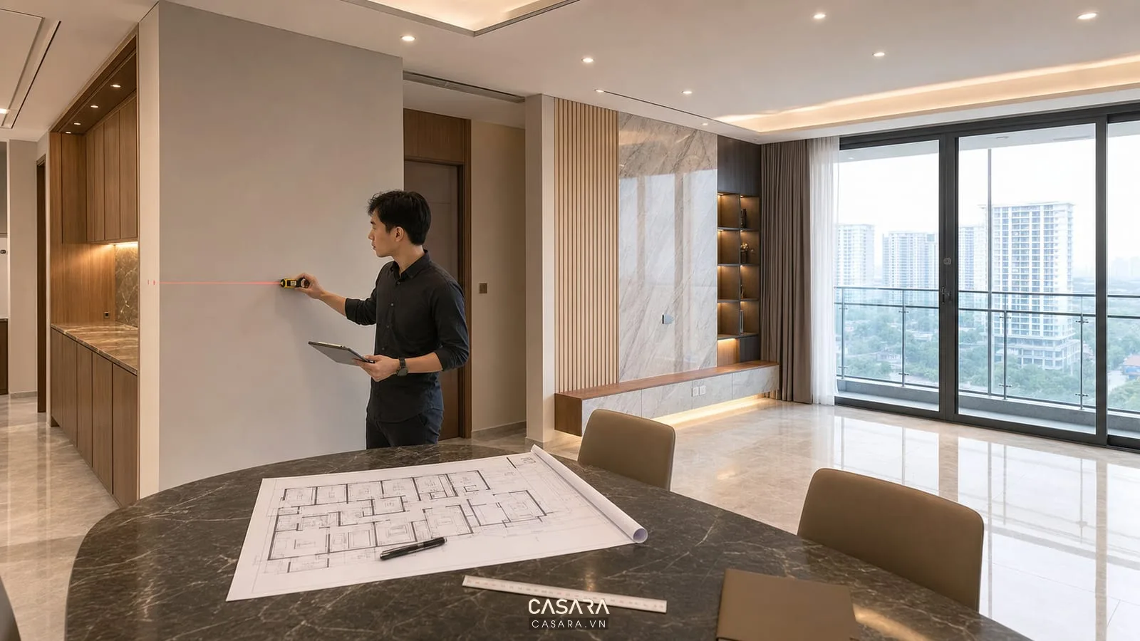đo đạc hiện trạng thi công nội thất sang trọng trong căn hộ