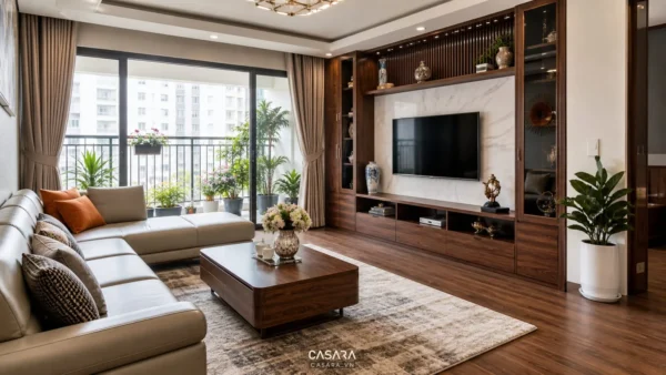 Phòng khách nội thất hiện đại với sofa, kệ tivi gỗ và ánh sáng tự nhiên