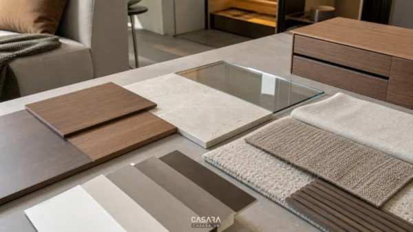 Bảng vật liệu phòng khách nội thất với gỗ, đá, kính, vải sofa và thảm