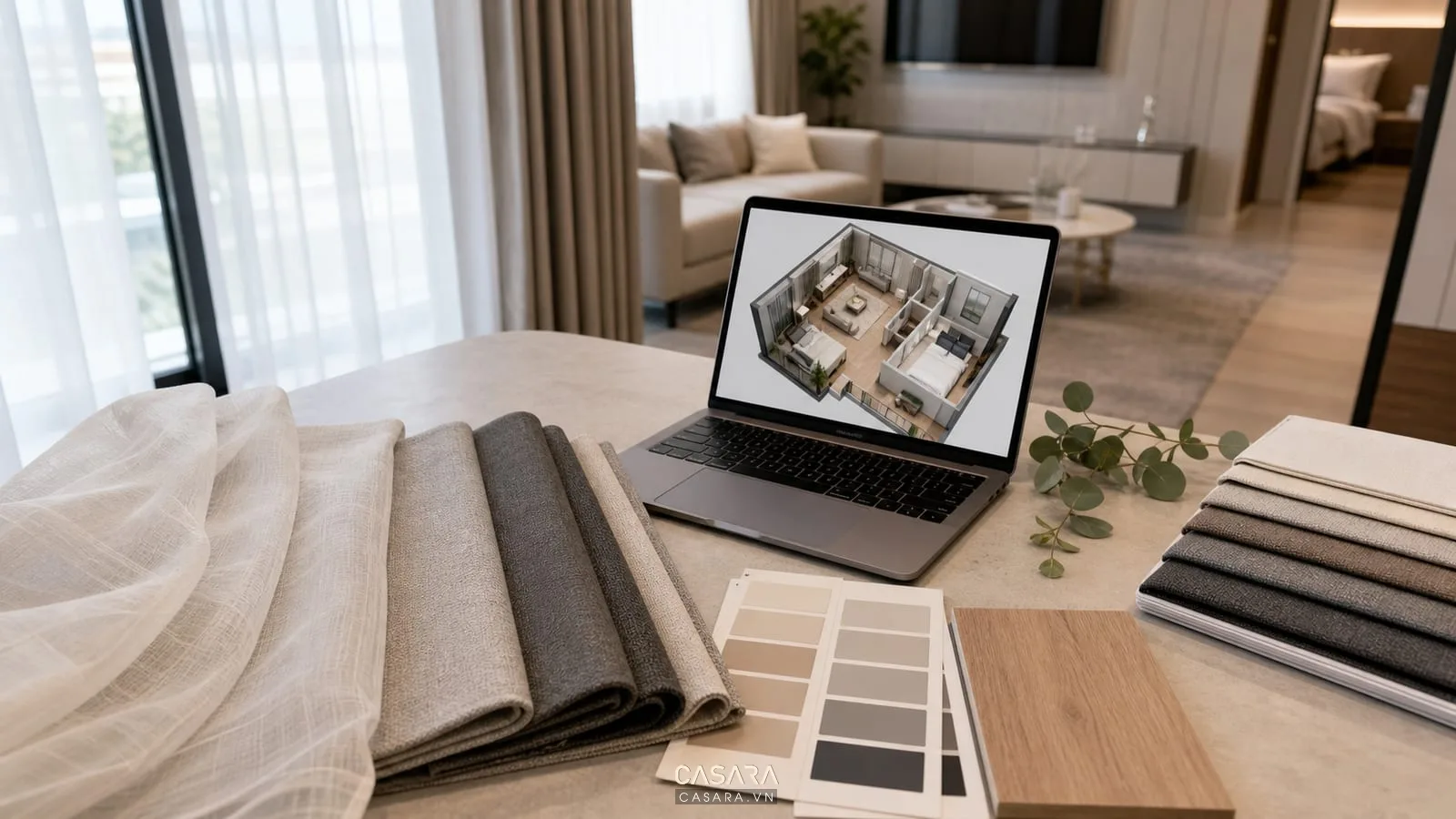 Mẫu vải rèm chung cư gồm rèm voan rèm cản sáng bảng màu trung tính mẫu gỗ và bản vẽ cửa kính