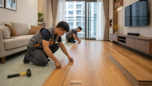 Hai thợ đang lắp sàn gỗ trong phòng khách căn hộ chung cư