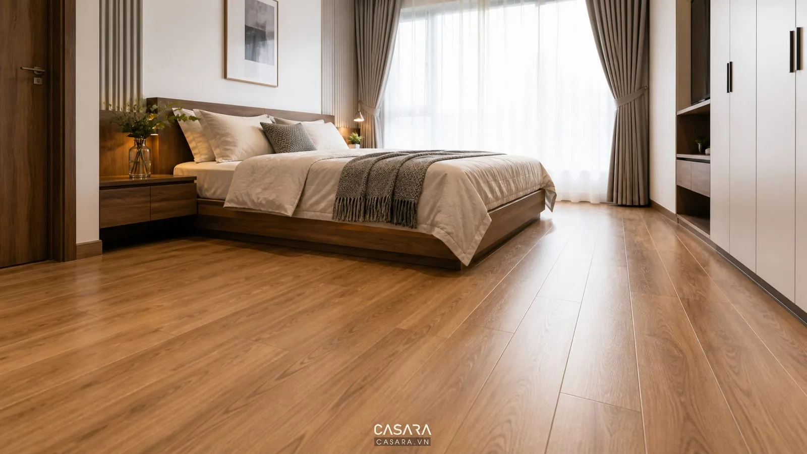 Sàn gỗ chung cư tông tự nhiên trong phòng ngủ hiện đại