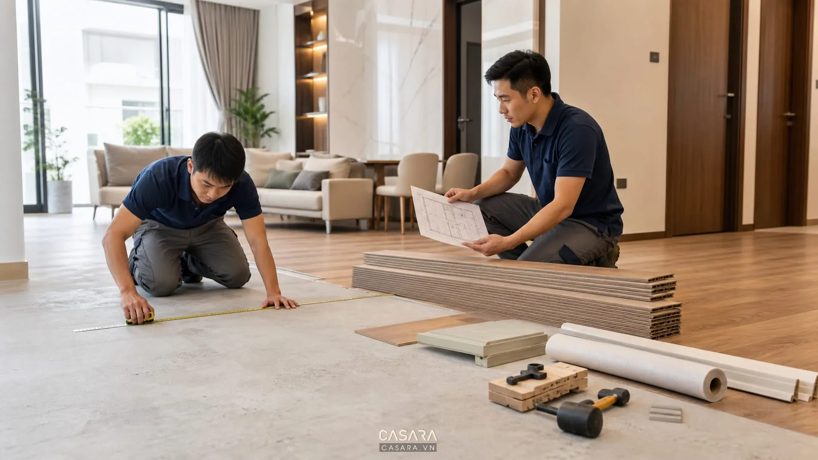 Kiểm tra mặt bằng và vật liệu trước khi thi công sàn chung cư