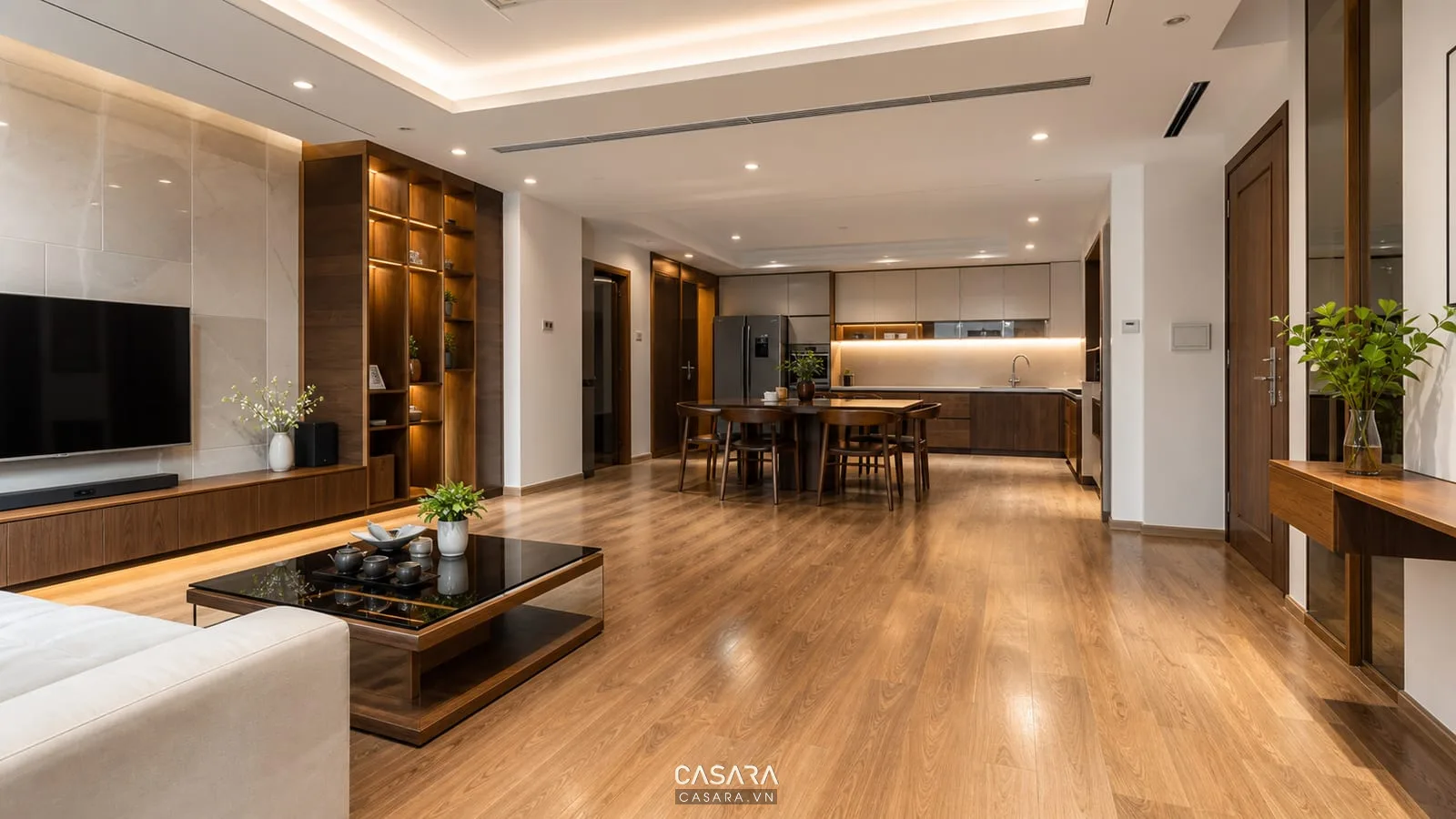Sàn chung cư hoàn thiện trong căn hộ cao cấp liền phòng khách và bếp