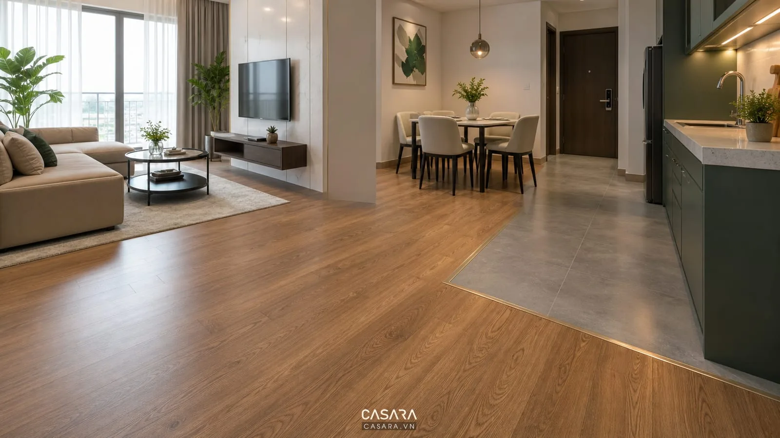 sàn gỗ chung cư nối phòng khách và bếp căn hộ