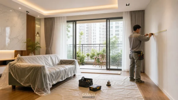 Thợ thi công đang đo tường trong phòng khách căn hộ chung cư