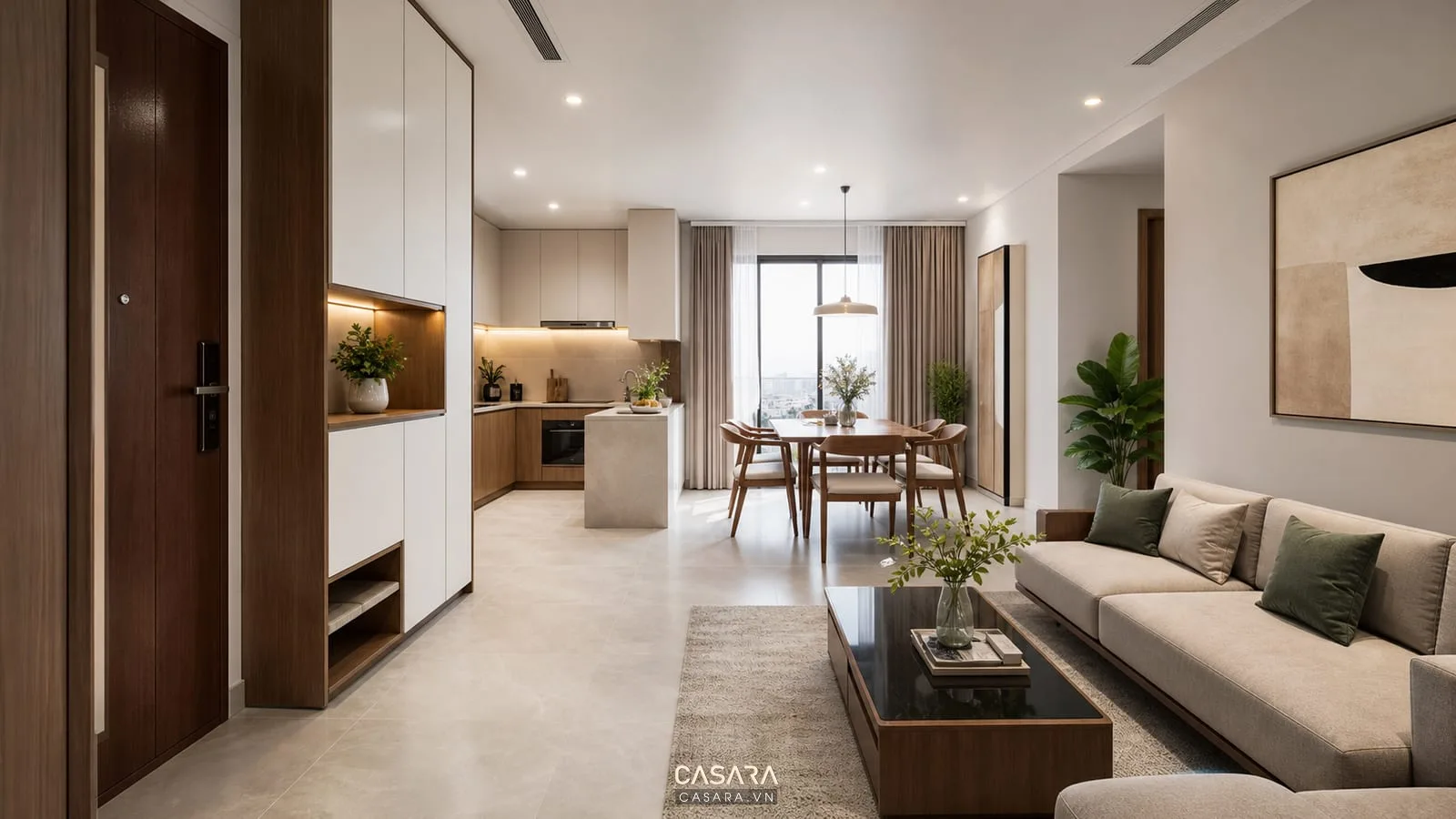 Phòng khách bếp trong thi công sửa nhà chung cư với sofa bàn ăn tủ bếp và tủ giày gọn gàng