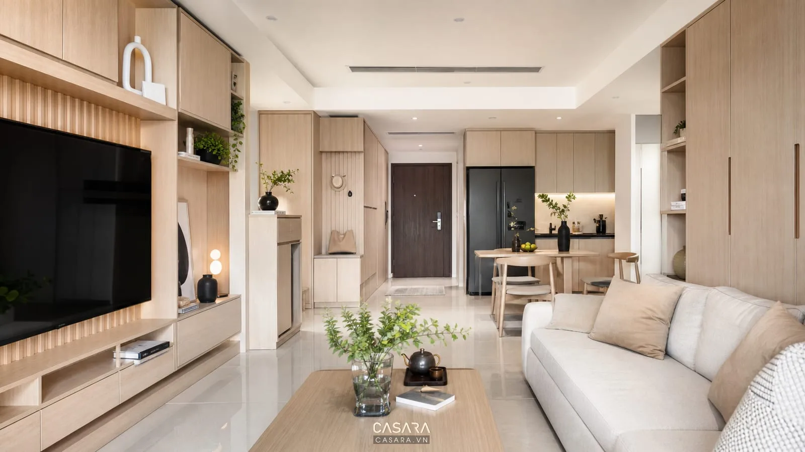 Hệ tủ lưu trữ trong thi công sửa nhà chung cư với tủ giày tủ tivi và ngăn kéo kín