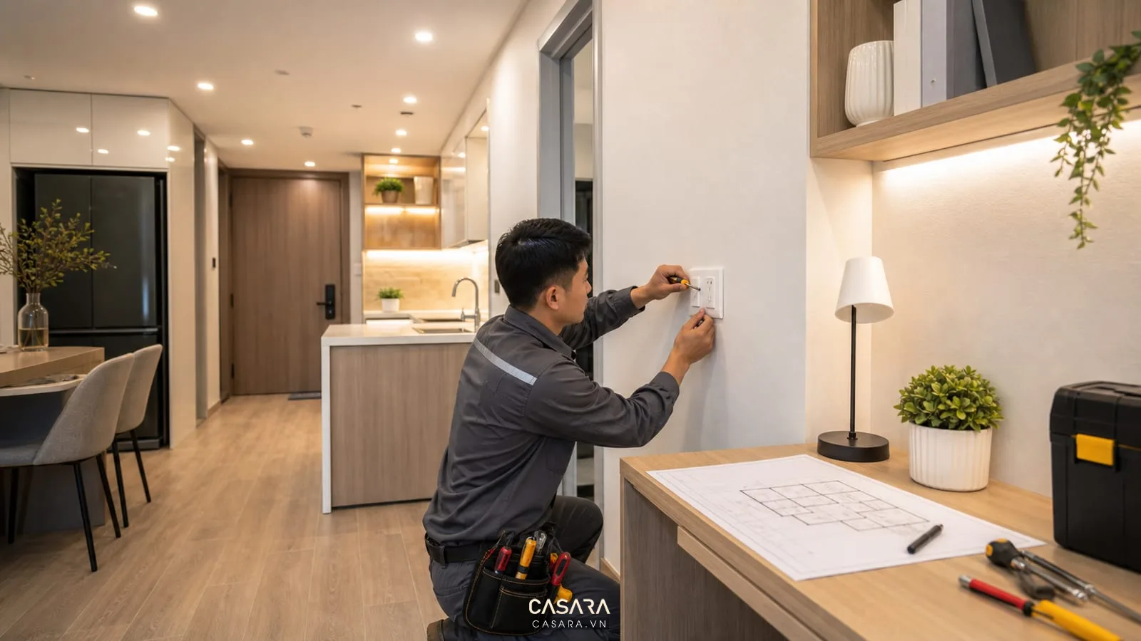 Thi công điện chung cư với ổ cắm công tắc đèn âm trần và khu bếp trong căn hộ cải tạo