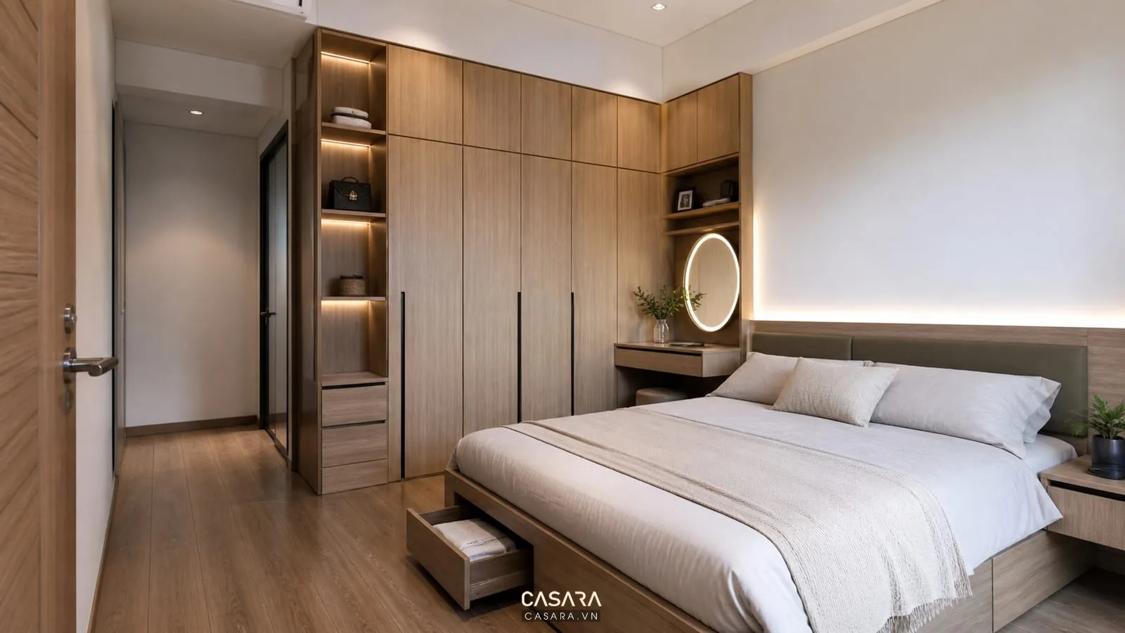 thi công thiết kế chung cư với hệ tủ phòng ngủ tủ quần áo kịch trần giường đôi bàn trang điểm nhỏ và hộc kéo lưu trữ