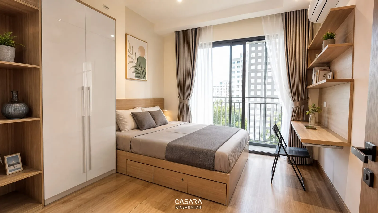 thi công thiết kế chung cư mini với phòng ngủ nhỏ giường lưu trữ tủ kịch trần bàn gấp kệ treo cửa ban công và lối đi gọn