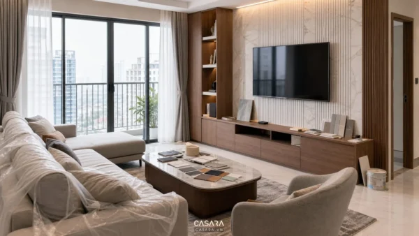 Phòng khách căn hộ chung cư với sofa, tủ tivi gỗ và khu vực ban công lớn