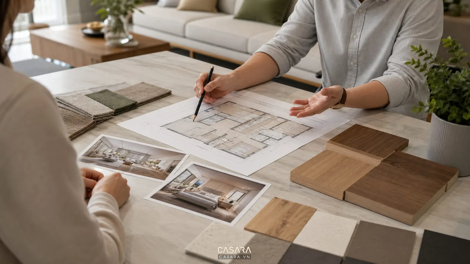 tư vấn thi công thiết kế nội thất chung cư với bản vẽ căn hộ và mẫu vật liệu