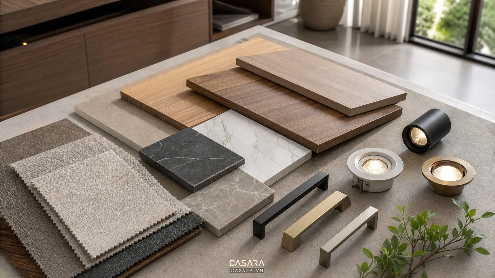 tư vấn vật liệu cho thi công thiết kế nội thất chung cư với mẫu gỗ đá và vải sofa