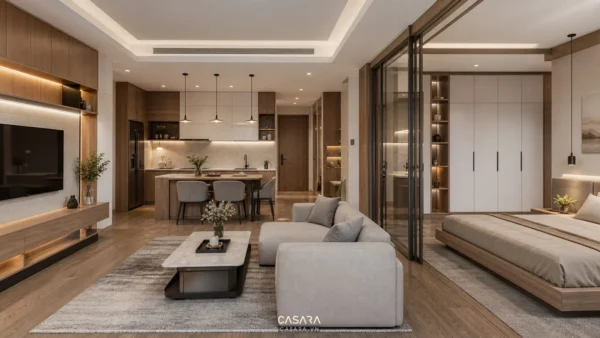 Phối cảnh 3D căn hộ chung cư gồm phòng khách, bếp và phòng ngủ liên thông