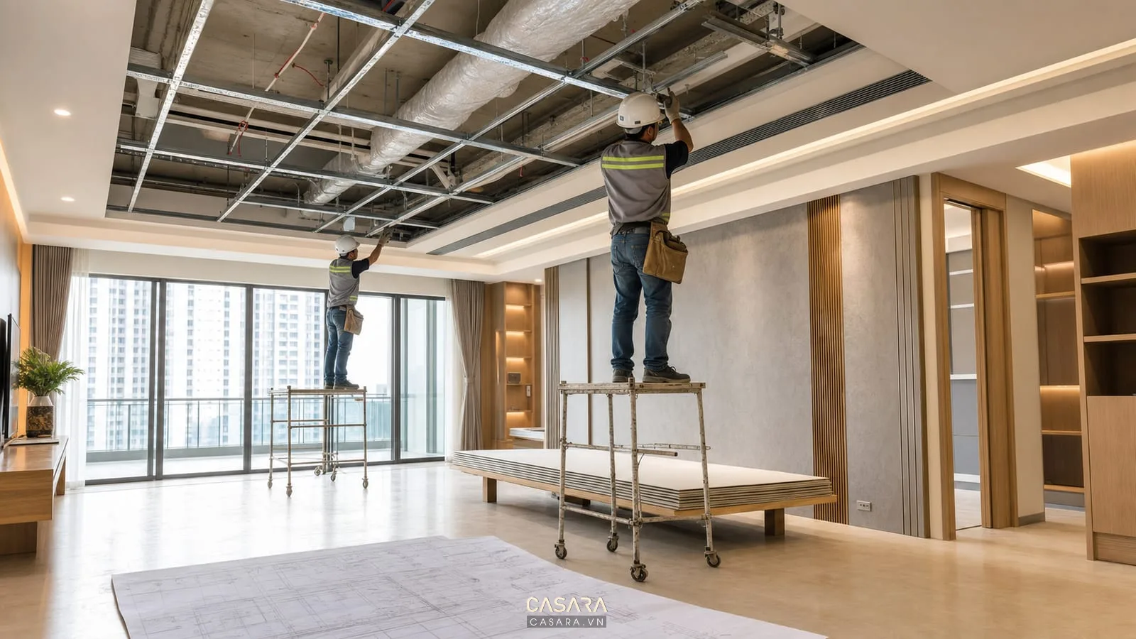 hiện trường thi công trần chung cư với khung xương thạch cao và đường điện