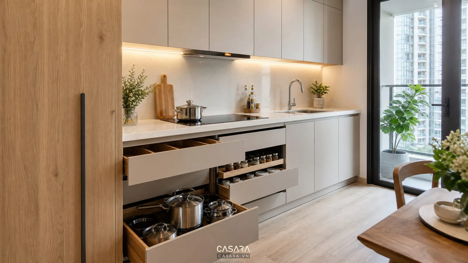 Ngăn kéo lưu trữ trong tủ bếp chung cư gọn gàng và dễ vệ sinh