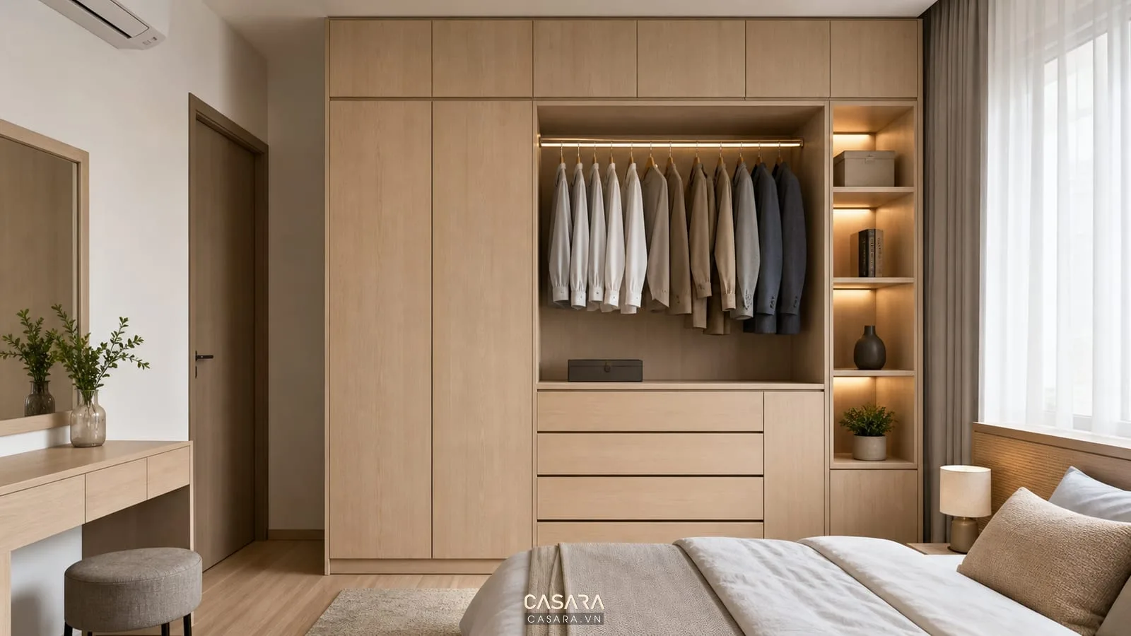 hệ tủ áo kịch trần trong nội thất phòng ngủ hiện đại