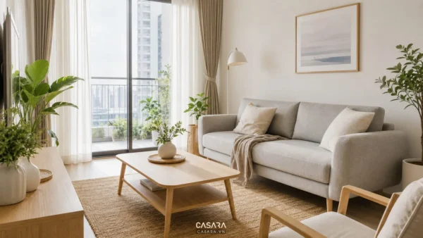 Phòng khách thiết kế Bắc Âu với sofa vải, bàn trà gỗ sáng, rèm trắng và ánh sáng tự nhiên