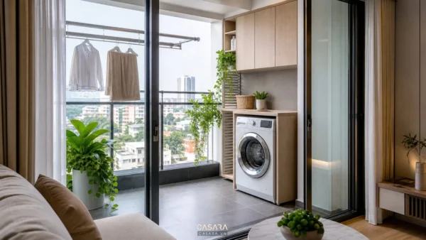 Ban công chung cư có máy giặt, tủ lưu trữ và khu phơi quần áo