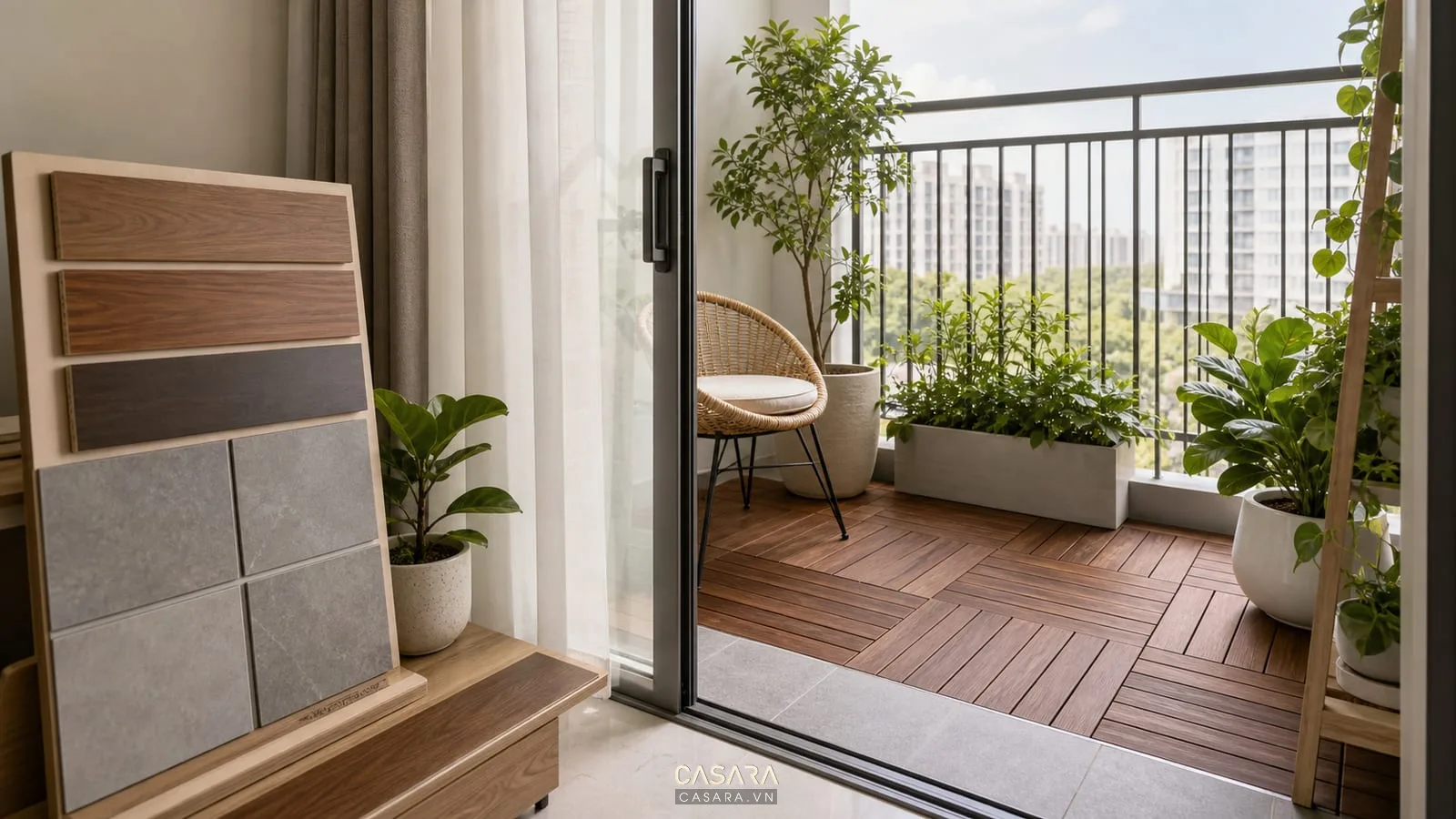 vật liệu thiết kế ban công chung cư nhỏ với sàn gỗ gạch chống trượt ghế mây và rèm voan