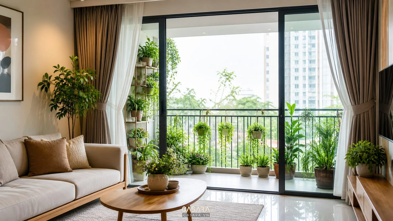những mẫu thiết kế chung cư đẹp có phòng khách nhìn ra ban công nhỏ xanh thoáng