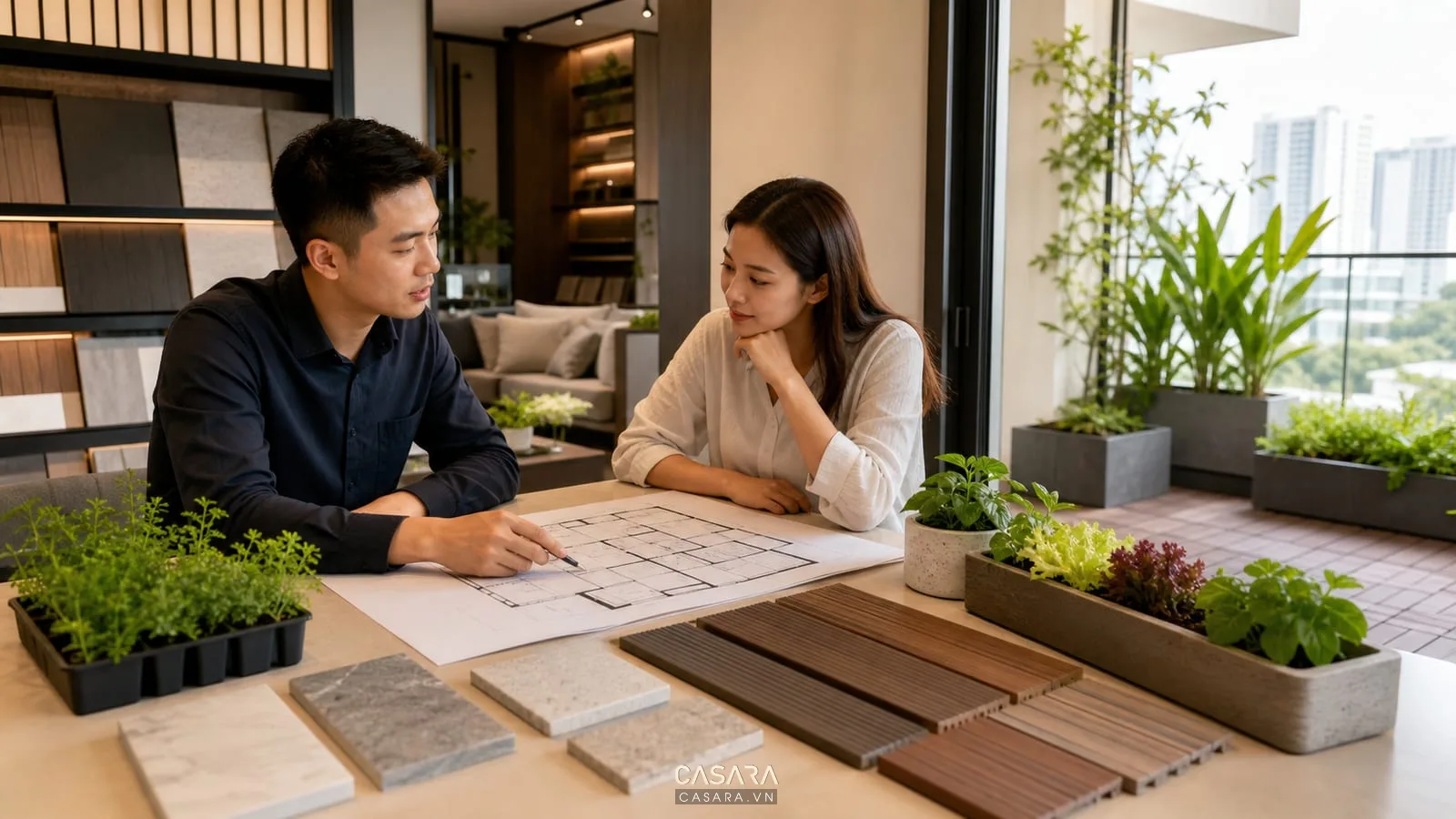 tư vấn thiết kế ban công chung cư trồng rau với bản vẽ và mẫu vật liệu