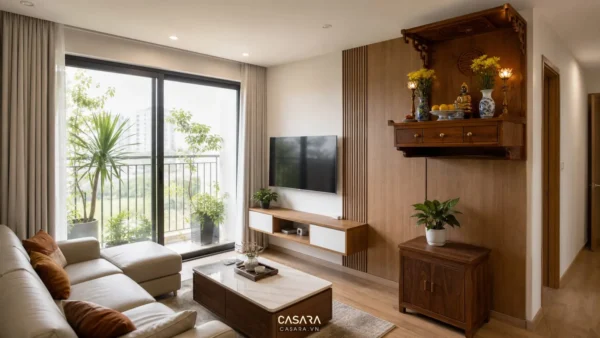 Phòng khách chung cư có bàn thờ gỗ treo tường cạnh kệ tivi và sofa