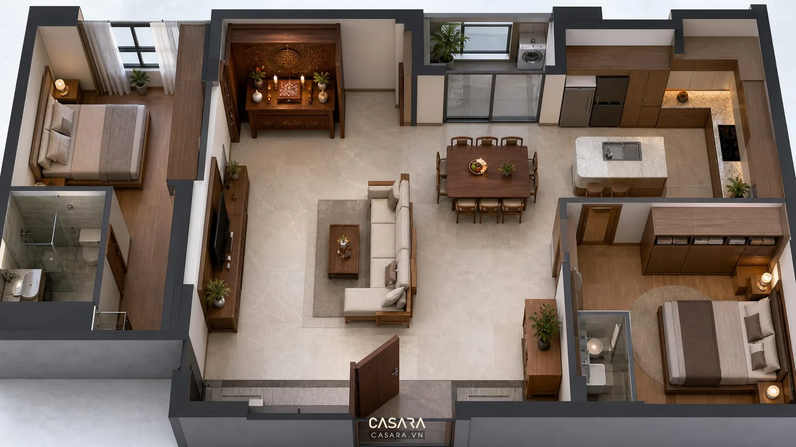 Mặt bằng phòng khách chung cư thể hiện vị trí bàn thờ sofa kệ tivi và bếp