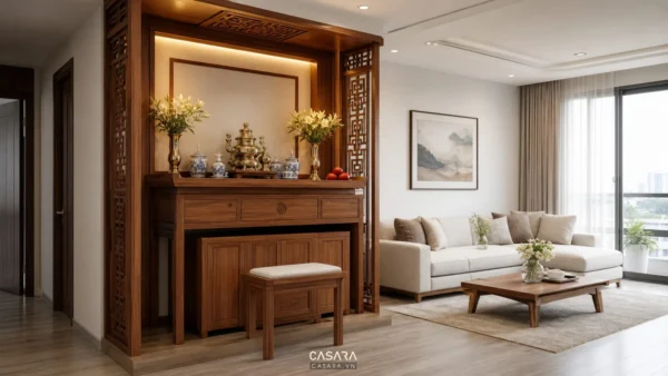 Bàn thờ gỗ đặt trong phòng khách chung cư với đèn hắt ấm và sofa sáng màu