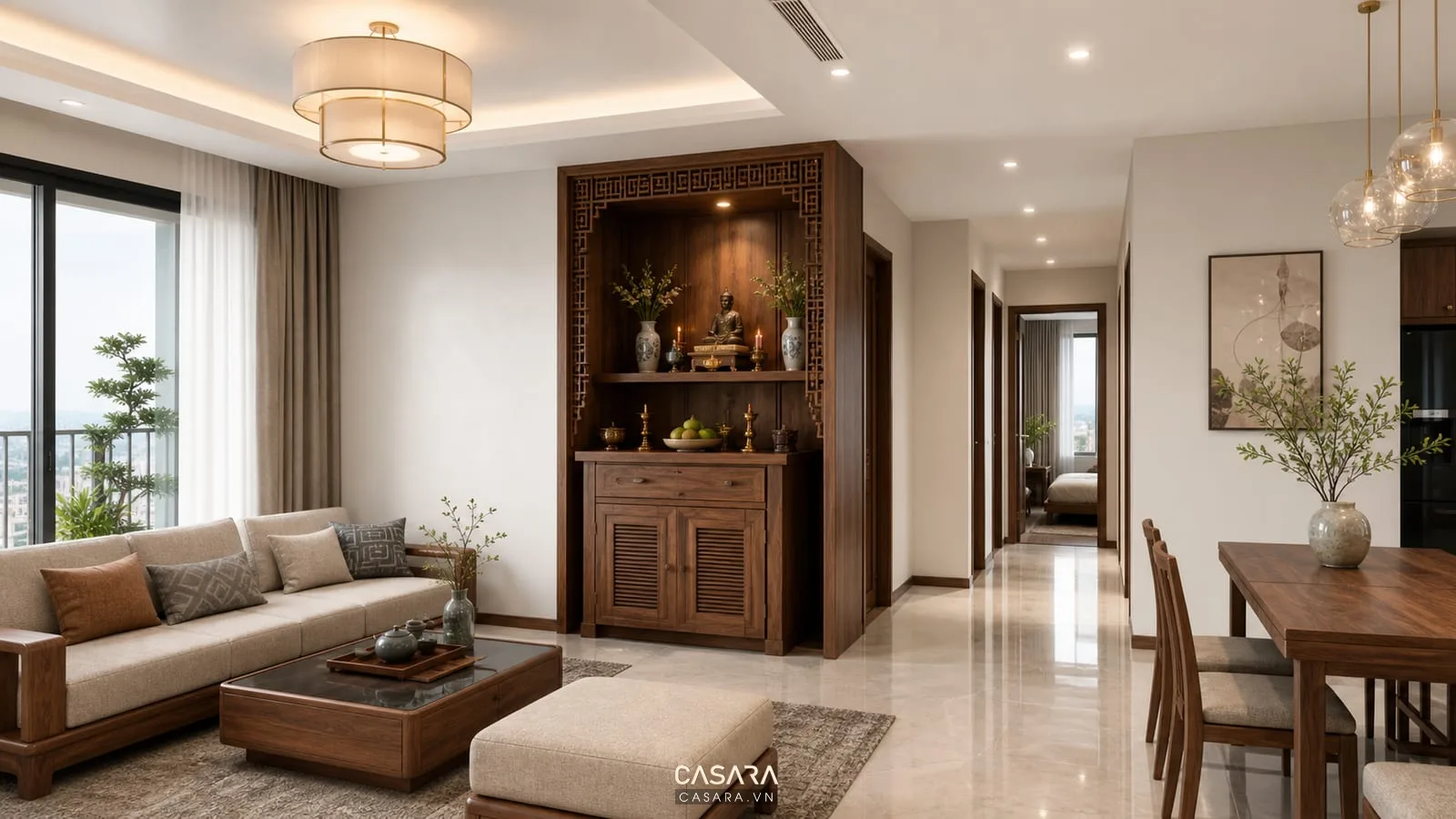 Thiết kế chung cư 3 phòng ngủ đẹp với phòng khách có bàn thờ gỗ và sofa